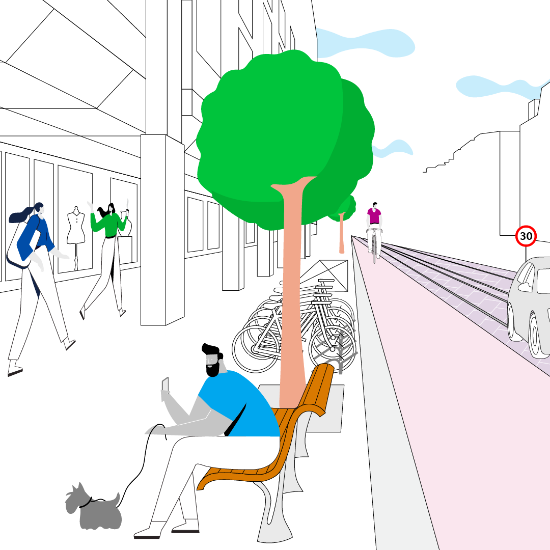 Scene uit animatie Kinkerstraat - na de aanpassingen zien we auto op trambaan en meer ruimte voor fietsers en voetgangers, bomen, fietsstallingen en een bankje