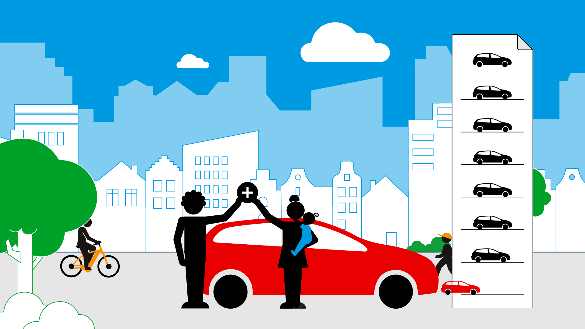 Illustratie uitleganimatie: twee mensen staan voor hun auto en plaatsen hun auto op de wachtlijst voor een vergunning